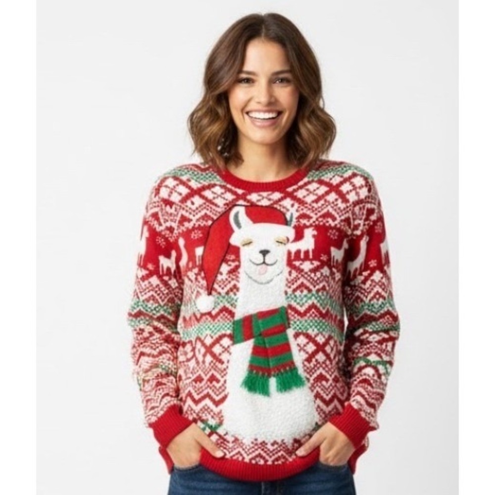 Jolly‎ Sweaters Ugly Christmas Llama Sweater Women's M Red Green White Fair Isle